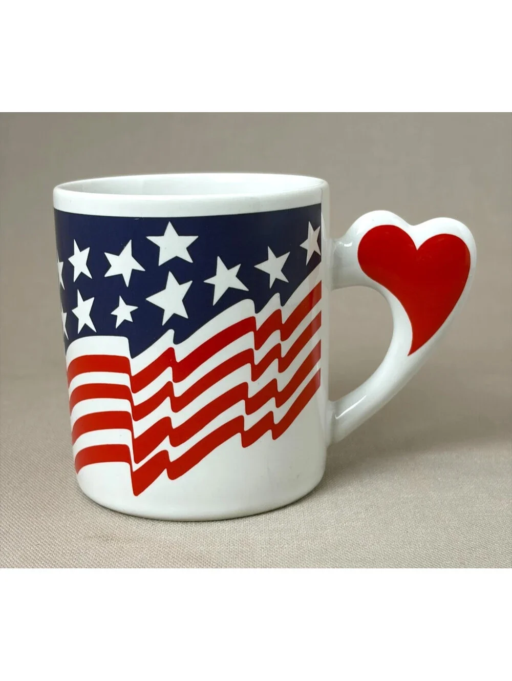 Vintage American Flag Coffee Mug The Love Mug Heart Handle USA Patriotic Cup 80s